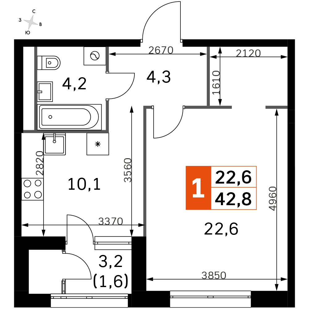 1 - комнатная квартира №429 (ЖК Sky Garden корпус: 2) - купить жилье в  новостройке в агентстве 